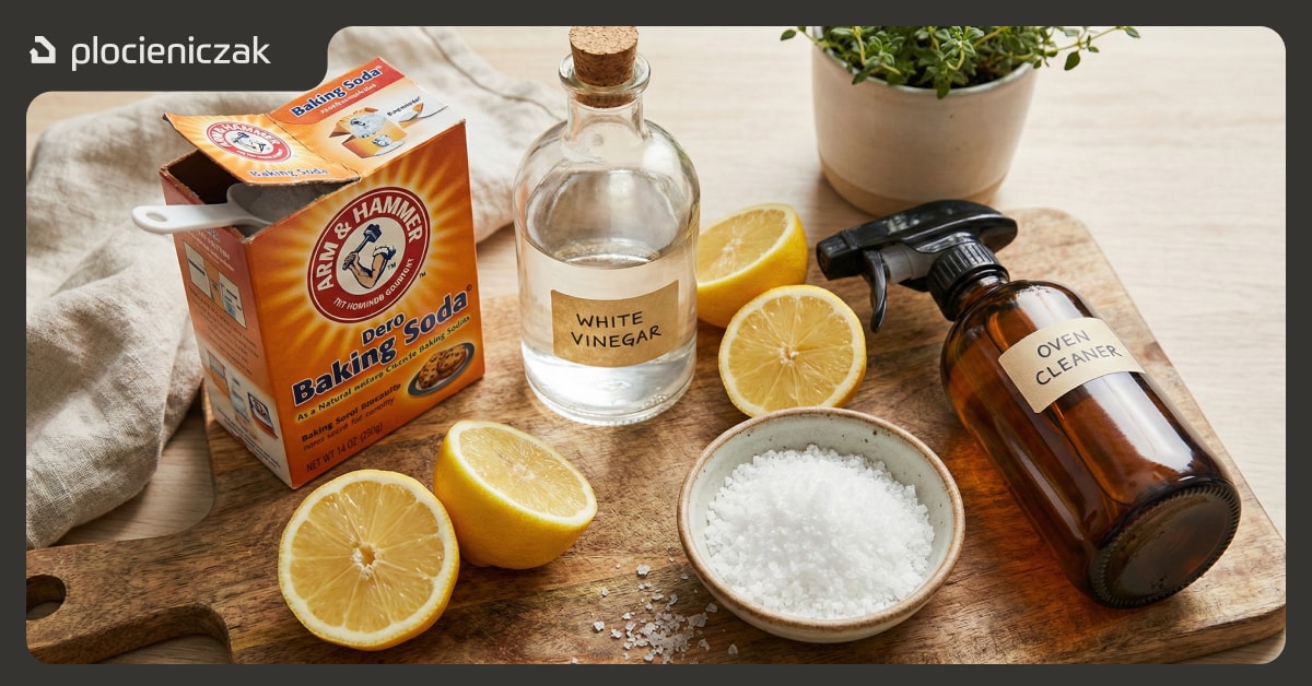 Domowe sposoby czyszczenia piekarnika - soda oczyszczona, ocet, cytryna i sól na drewnianej desce
