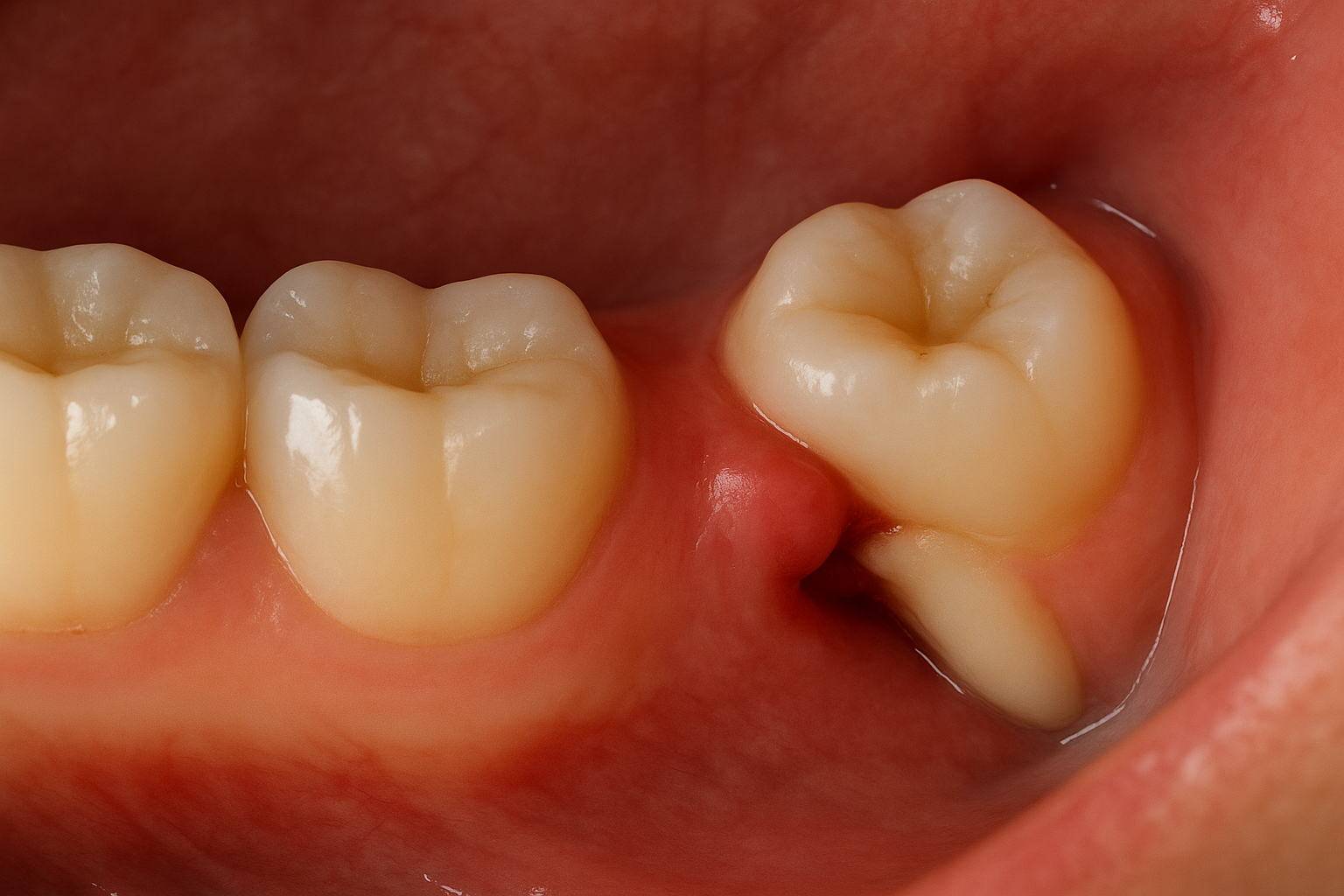 Rødt og betent tannkjøtt rundt en delvis frembrutt visdomstann nederst i munnen, ved siden av friske jeksler.