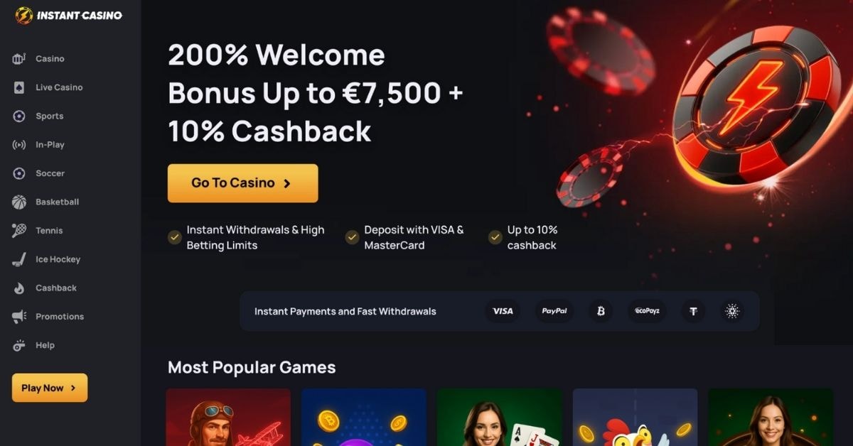 Instant Casino homepage showing 200% welcome bonus up to €7,500 plus 10% cashback, instant crypto withdrawals, VISA/MasterCard deposits, and most popular slots and live dealer games.