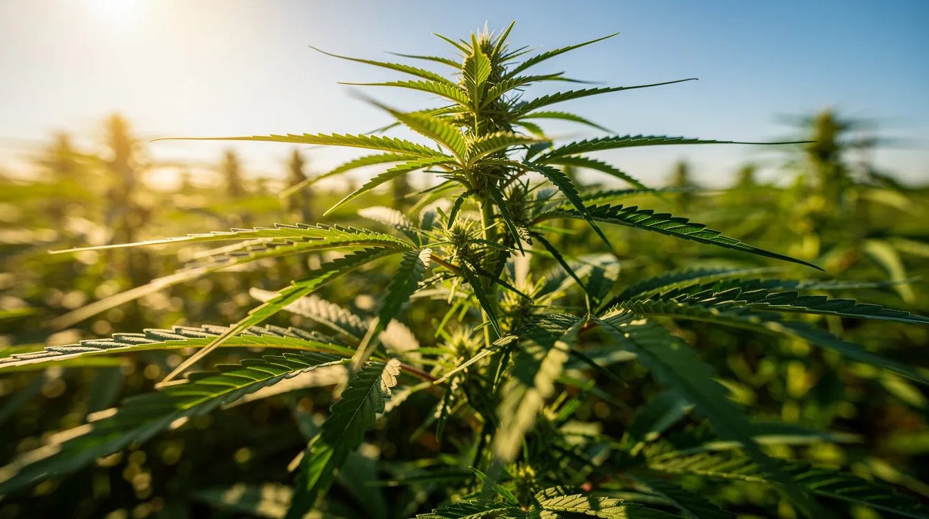 A close-up view of vibrant green hemp plants thriving in an open field, illuminated by bright sunlight, showcasing the natural beauty of cannabis products. This image highlights the potential of hemp-derived THC and its legal status in various states, including Missouri, under current legislation.