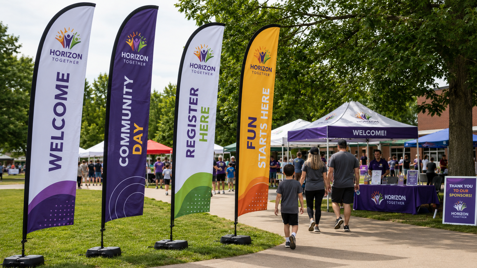 Custom feather flags for outdoor community event promotion and wayfinding