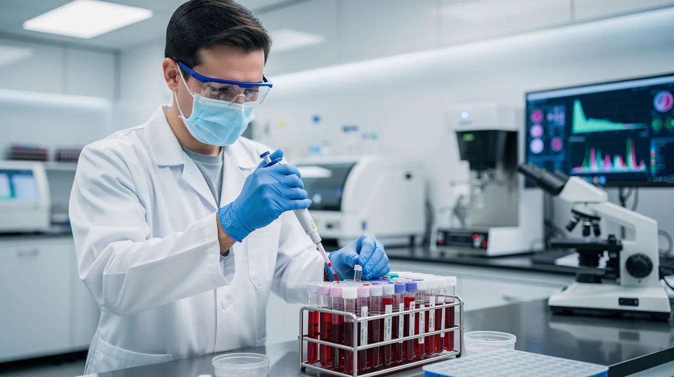A laboratory scientist is analyzing blood samples in a modern research facility, focusing on various biomarkers related to biological age and the aging process. The setting highlights the importance of epigenetic clocks and DNA methylation in understanding health and longevity.
