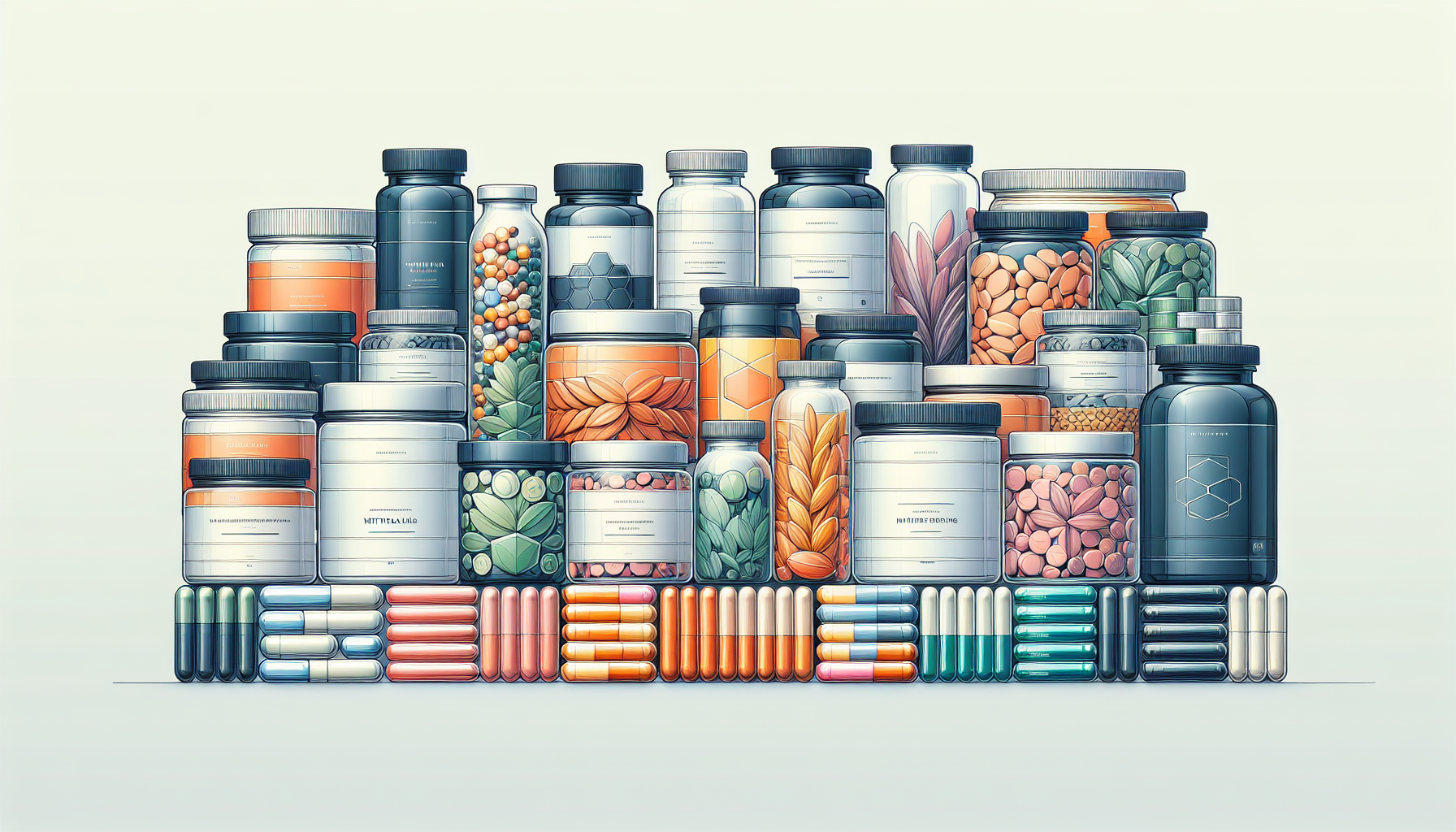 Various dietary supplements arranged in a row