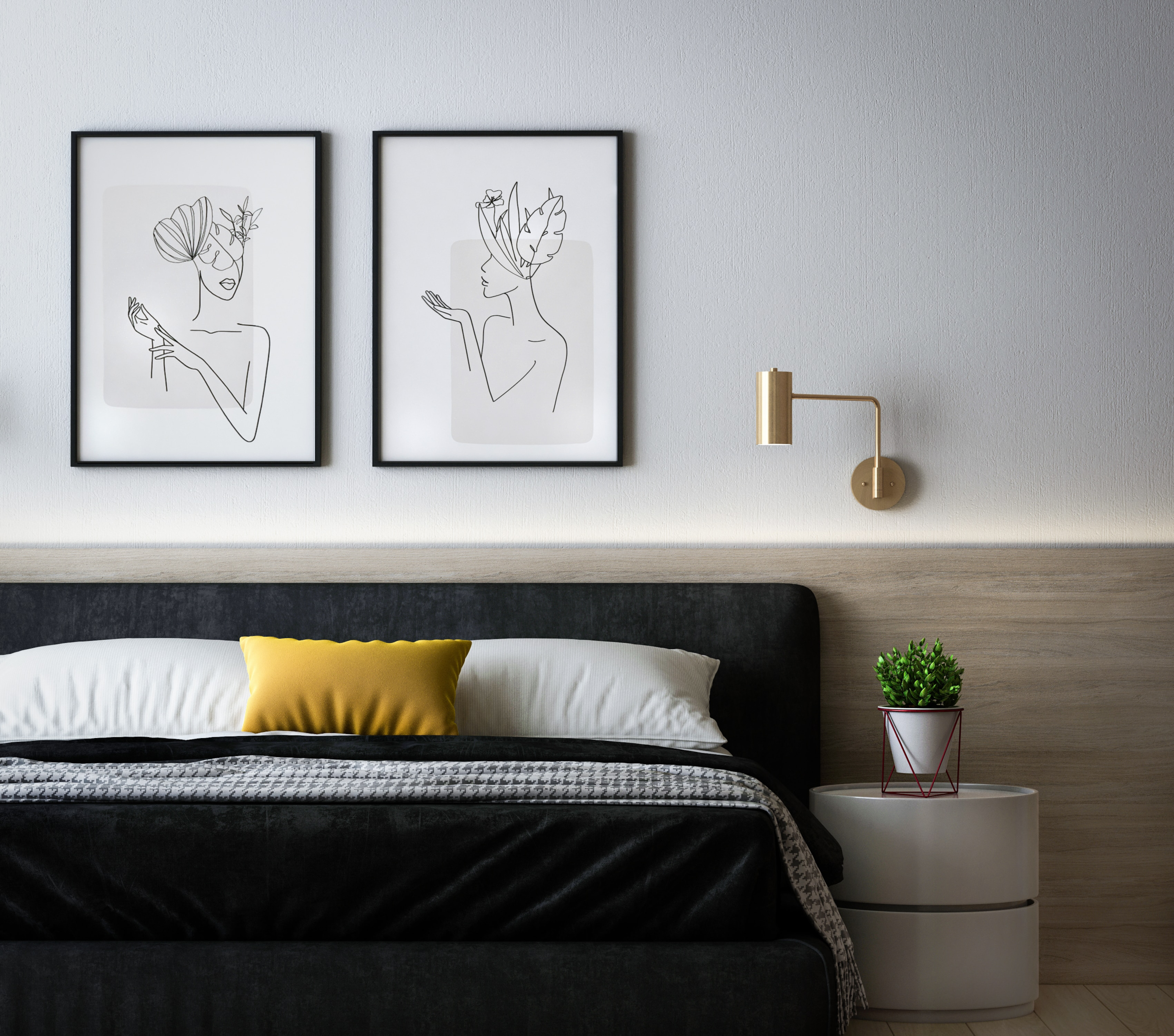 Wall art pieces above bed