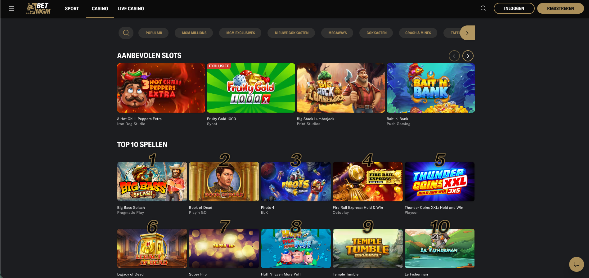 Overzicht van online slots bij BetMGM casino, met populaire spellen zoals Big Bass Splash, Book of Dead en Thunder Coins XXL, onderdeel van het online casino aanbod met slots, tafelspellen zoals roulette en blackjack en live casino spellen van providers zoals Evolution en Pragmatic Play.