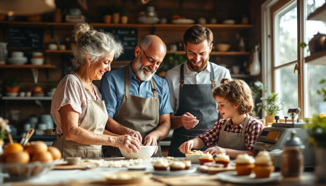 The image depicts a family gathered around a table, discussing plans for their family business's future and succession. They are engaged in a serious conversation about the tax implications of inheriting the business, including estate taxes and the importance of proper planning for a smooth transition to the next generation.
