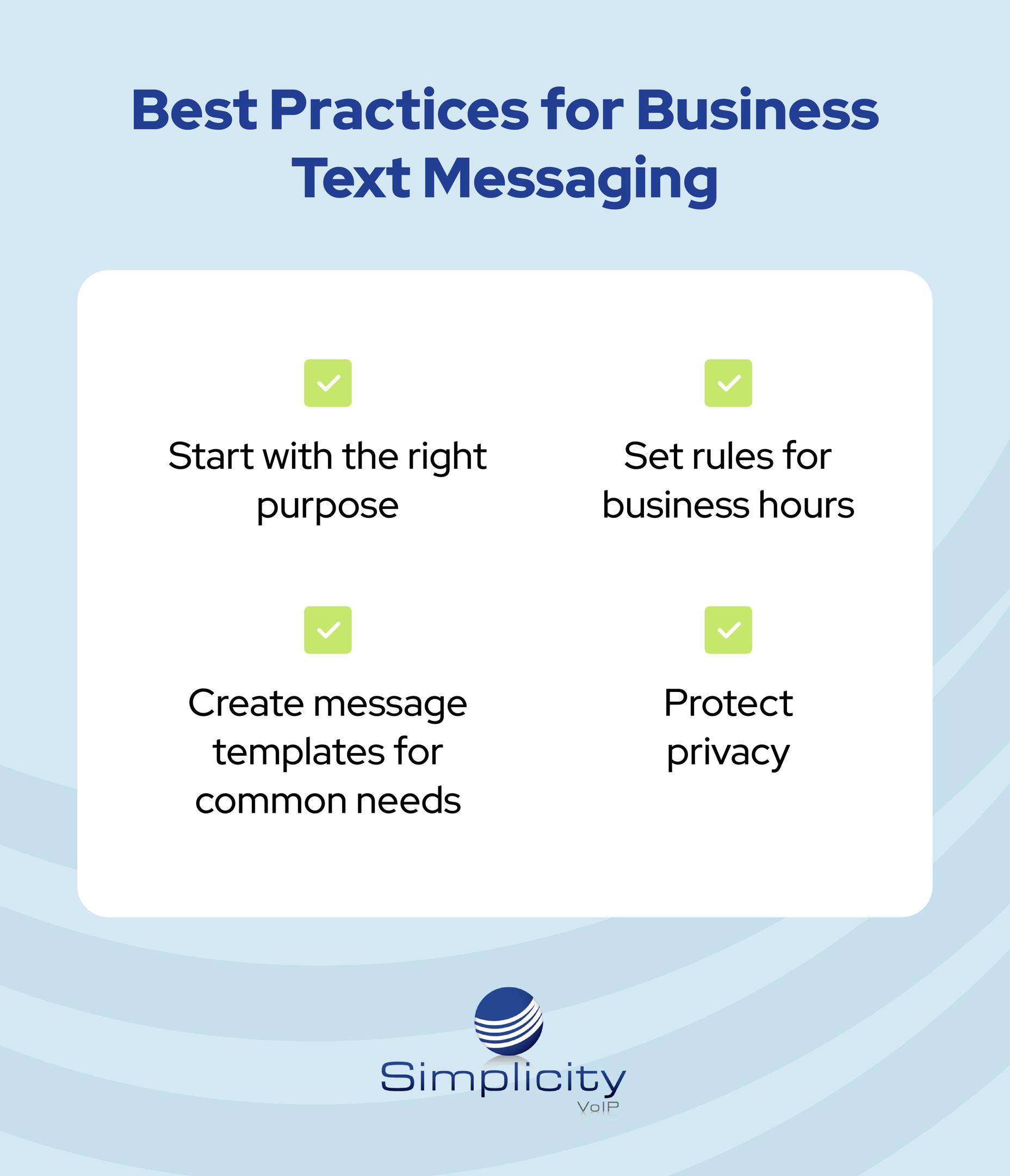 Simplicity VoIP graphic titled Best Practices for Business Text Messaging, highlighting tips for purpose, business hours, message templates, and privacy protection