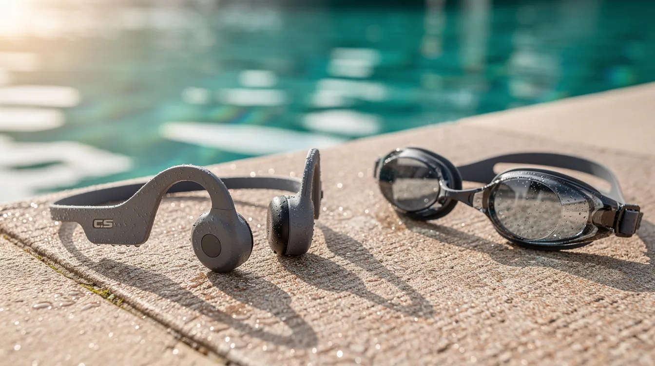 A close-up view of sleek bone conduction headphones is displayed on a pool deck beside swim goggles, highlighting their design for swimmers. These waterproof headphones are perfect for listening to music or podcasts during swim training sessions, allowing users to enjoy sound quality while swimming laps.