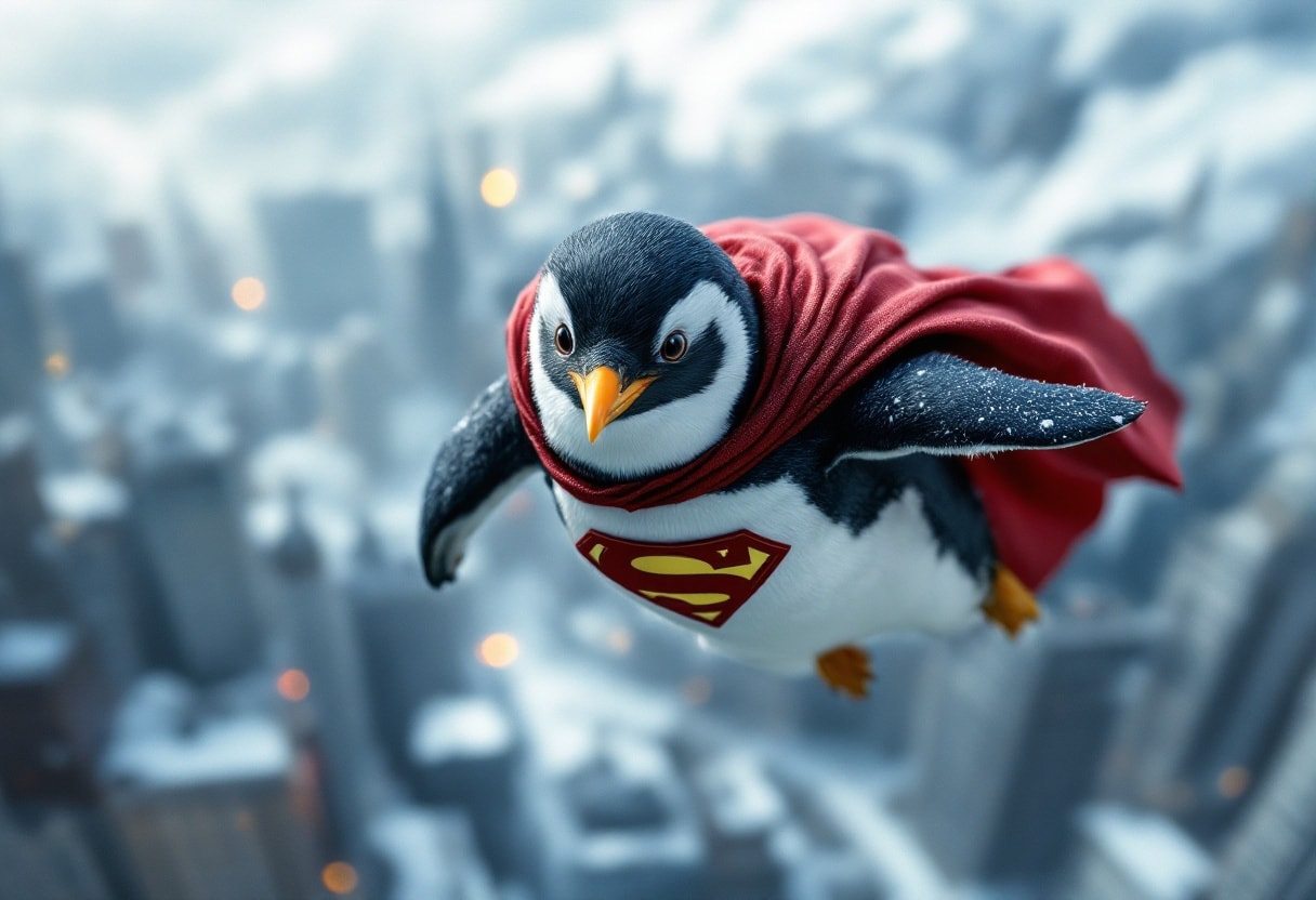 A penguin dressed as a superhero flying over a city.