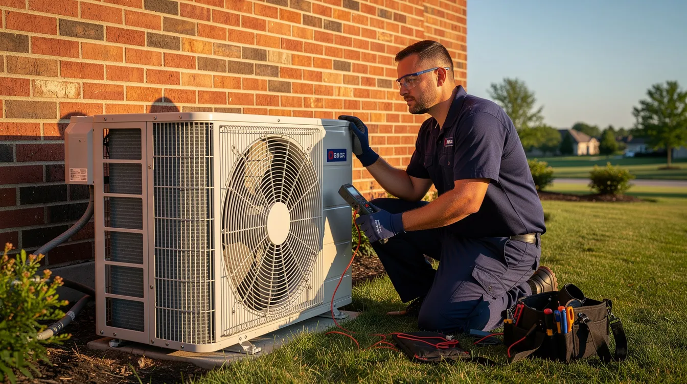 An HVAC technician is inspecting an outdoor condenser unit beside a brick home, ensuring the efficient operation of the Lennox air conditioning system. The technician checks various components to maintain optimal performance and energy efficiency of the Lennox air conditioner.