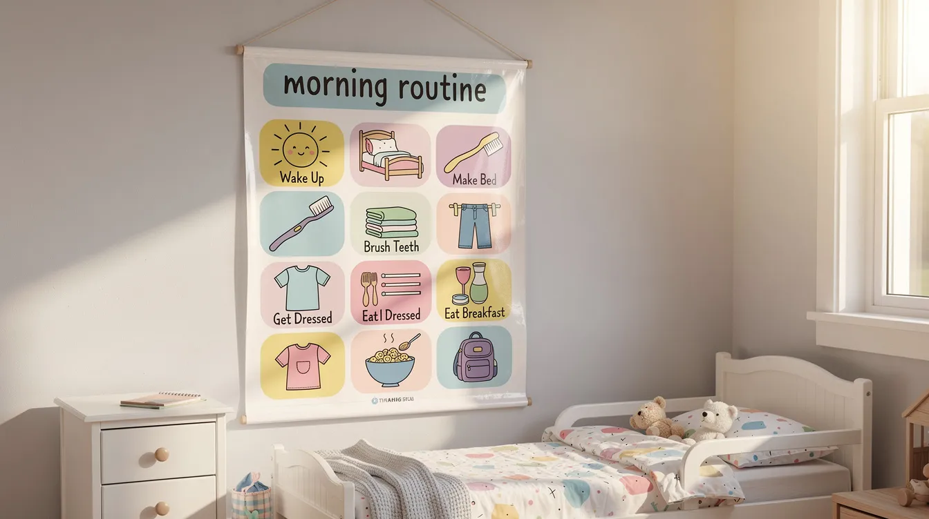 A colorful morning routine chart featuring picture icons is displayed on a child's bedroom wall, designed to support planning and organization skills for younger children. This visual checklist helps kids track important tasks like completing homework and managing household chores, promoting cognitive flexibility and time management in their daily life.