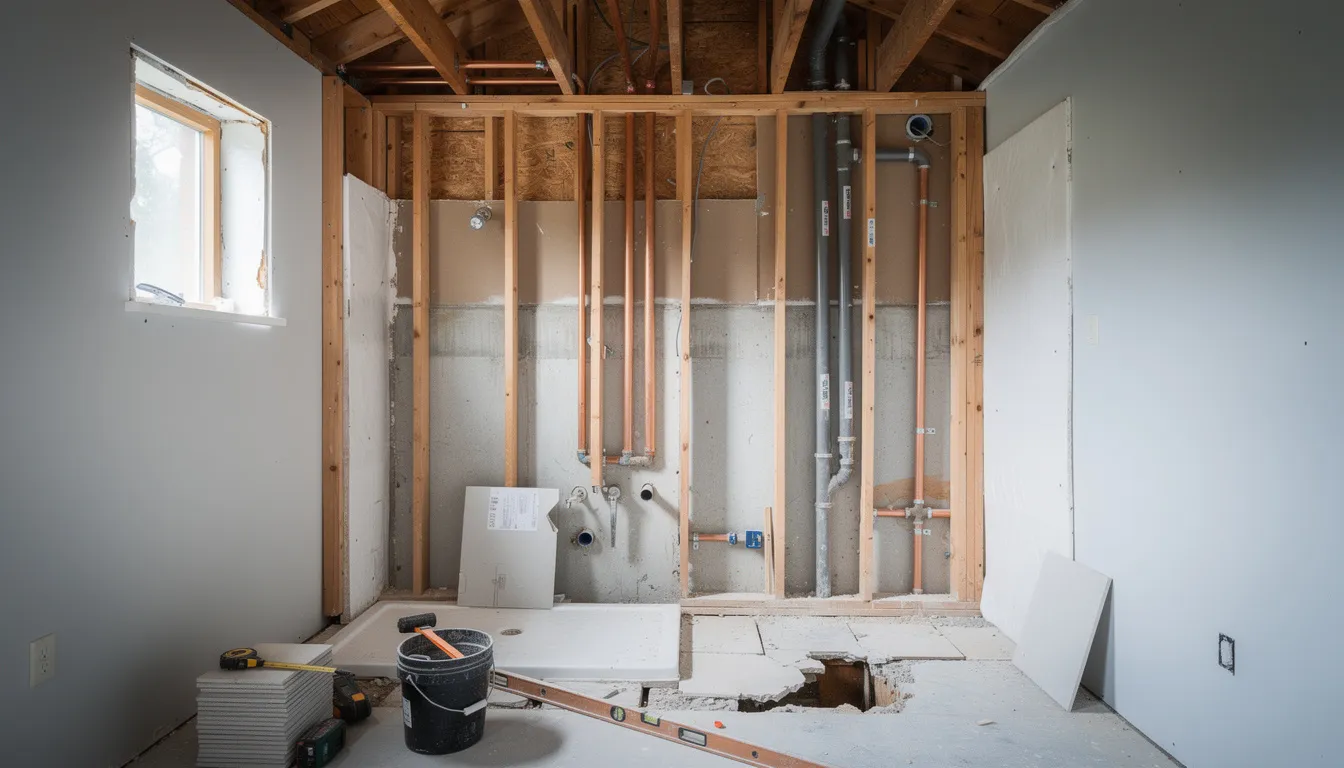 The image depicts a bathroom renovation in progress, showcasing exposed framing and newly installed plumbing pipes, highlighting the essential plumbing upgrades involved in the renovation project. This renovation process aims to create a stylish bathroom that meets modern building codes and may involve various costs associated with materials and labor.