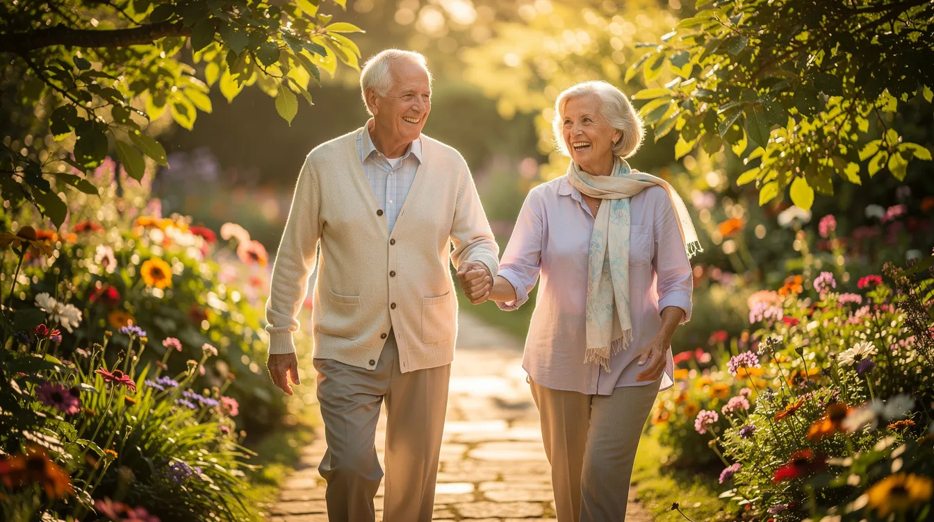 An elderly couple strolls through a vibrant, sunlit garden, smiling and exuding energy as they enjoy each other's company. Their healthy lifestyle may contribute to their cognitive health, potentially aided by brain health supplements that support memory and overall brain function.