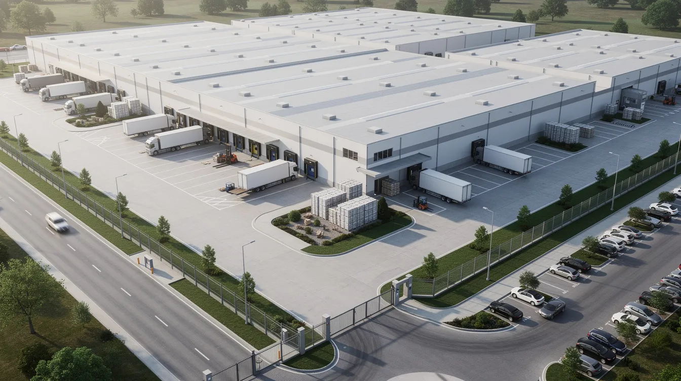 An aerial view of a modern pulses processing plant showcases organized warehouse buildings and loading areas, highlighting efficient plant operations and extensive production capacities. This facility is designed to meet the rising consumer demand for nutritious food products while maintaining a low environmental footprint.