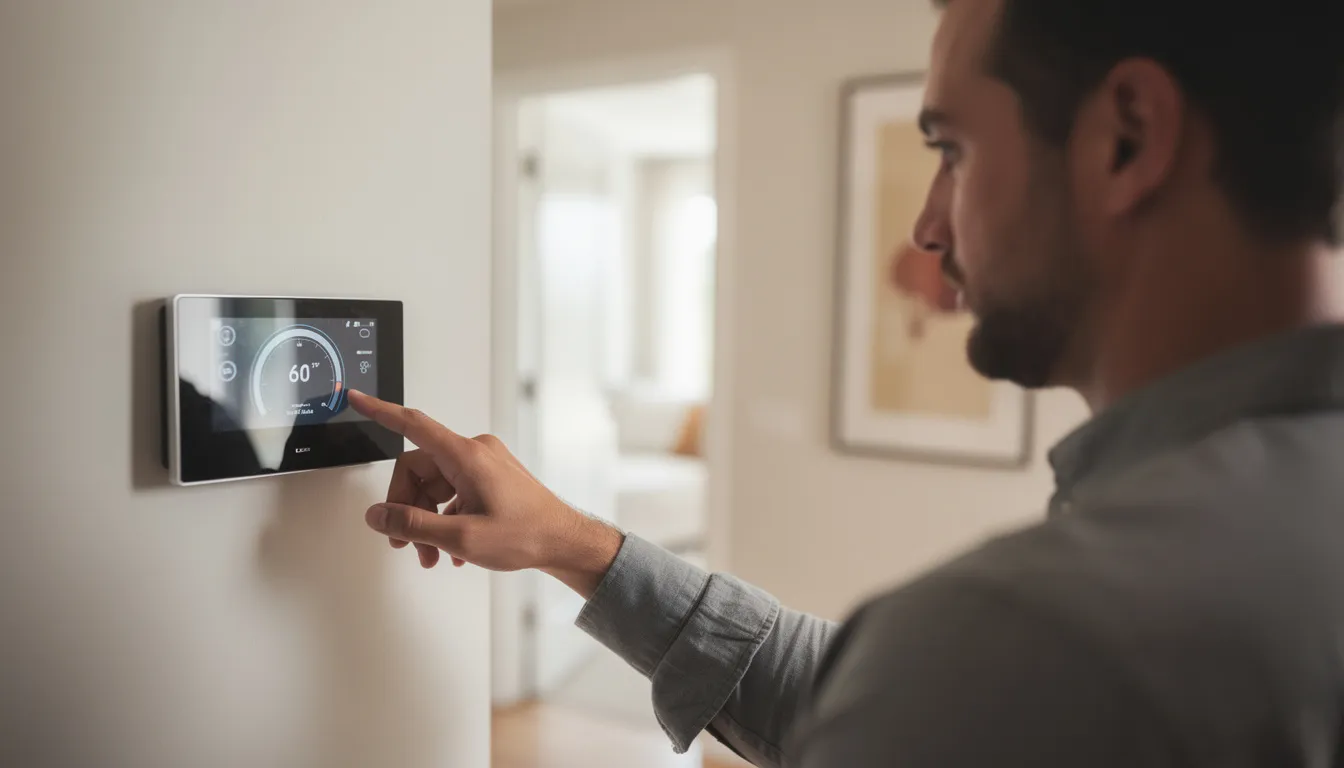 A homeowner is seen adjusting a modern digital thermostat mounted on a hallway wall, emphasizing the importance of efficient temperature control in their central heating system. This image highlights the role of heating engineers in ensuring optimal performance of gas central heating systems for improved energy efficiency.