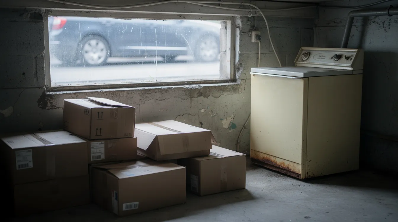 Durch ein halbhohes Kellerfenster blickt man auf einen engen Wohnraum, der schwach beleuchtet ist. Im Raum befinden sich gefaltete Kartons und eine ältere Waschmaschine, was an die bescheidenen Verhältnisse der Familie Kim aus dem Film "Parasite" erinnert.