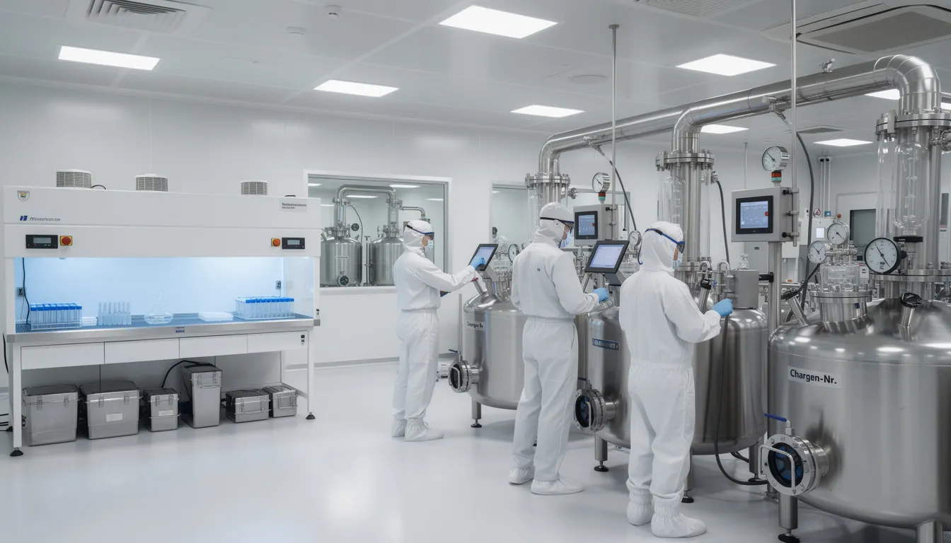 Die moderne pharmazeutische Produktionsanlage mit Reinraumtechnik zeigt eine hochentwickelte Umgebung, in der medizinisches Cannabis, einschließlich Cannabisblüten und -extrakten, unter strengen Hygienevorschriften hergestellt wird. Diese Anlage ist entscheidend für die Qualität und Wirksamkeit von Cannabisarzneimitteln, die Patienten in der Therapie unterstützen können.