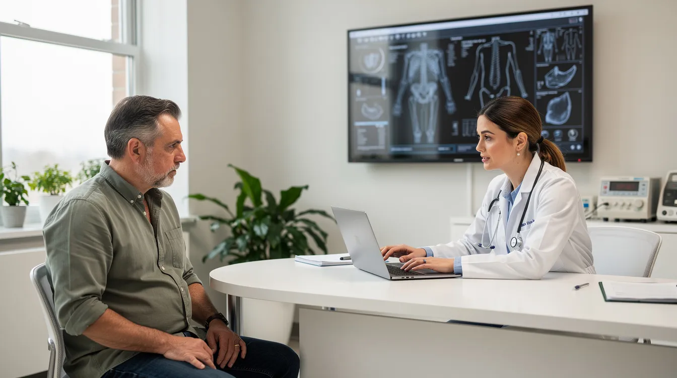 A middle-aged man is seated across from a doctor in a modern clinic office, discussing concerns related to male sexual health and performance. The consultation highlights topics such as erectile dysfunction, sexual stamina, and potential solutions like natural male enhancement supplements.