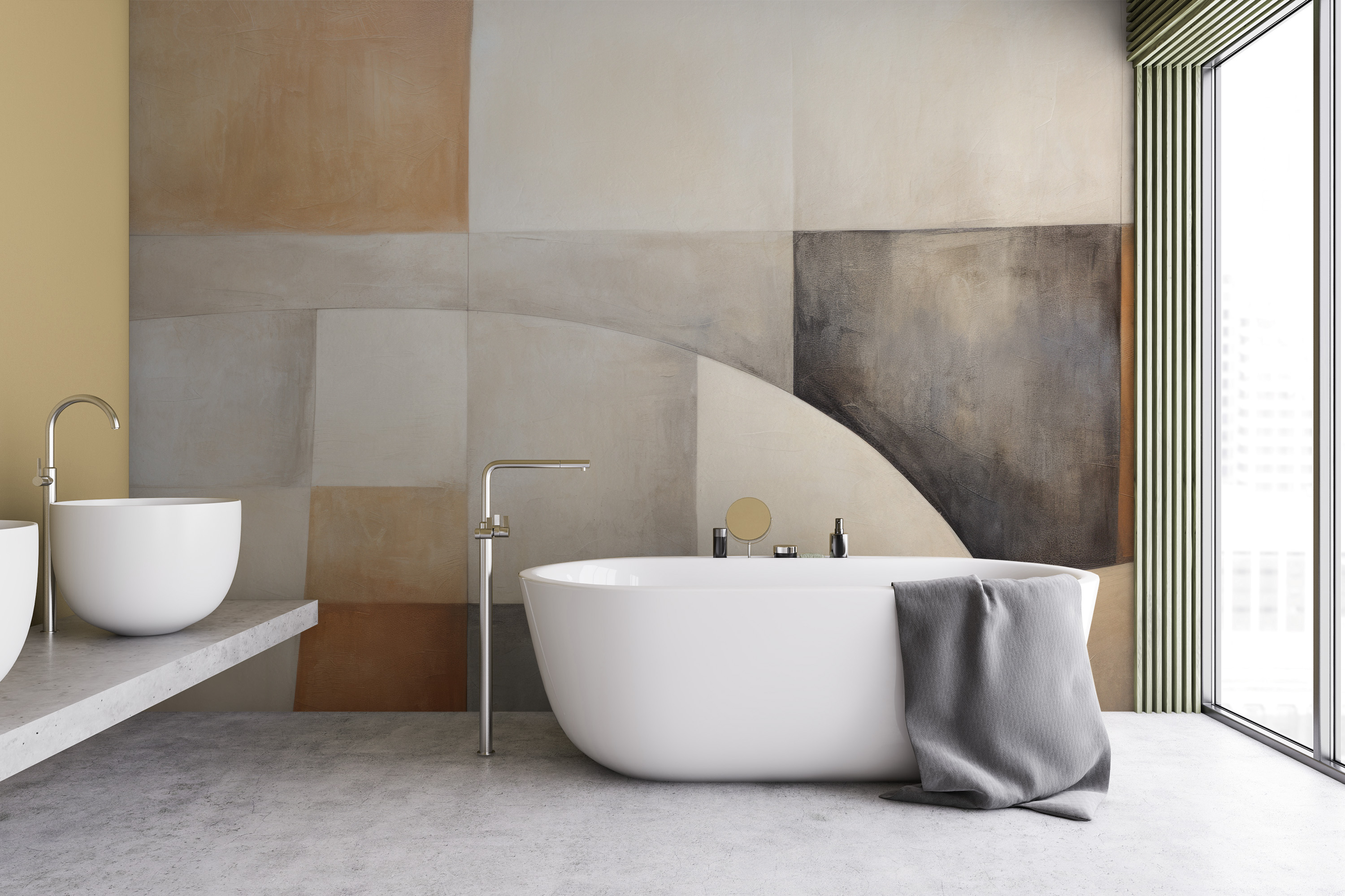 The 'Abstract Harmony' photo wallpaper shows a delicate balance between color and form. It presents a subtle interweaving of warm shades of beige, cream and off-white with the depth of gray and accents of charcoal black. This pattern reminds us of the complex geometry of natural stones, arranged in an irregular mosaic pattern.