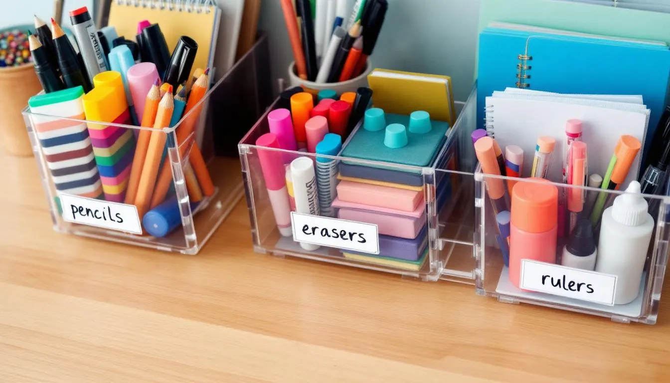 A close-up view of a kids desk storage organization featuring neatly labeled compartments filled with various school supplies, including pens, scissors, and books, designed to help children easily organize their homework and creative materials. The sturdy desk provides a functional space for kids to focus on their studies and play.