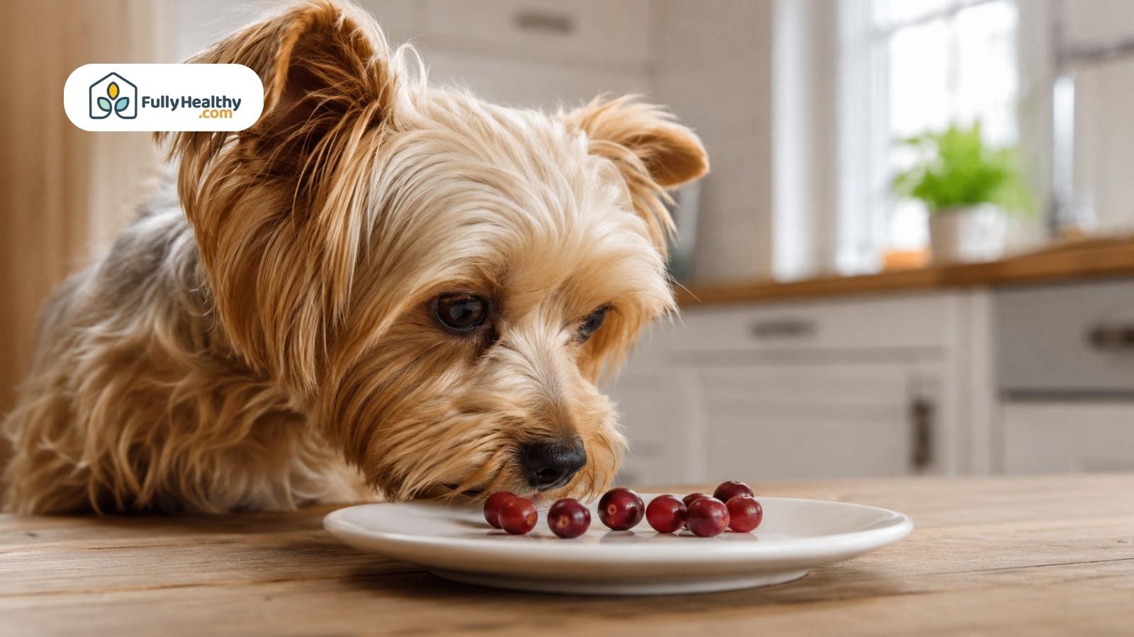 Small dog sniffing fresh cranberries on white plate in bright kitchen