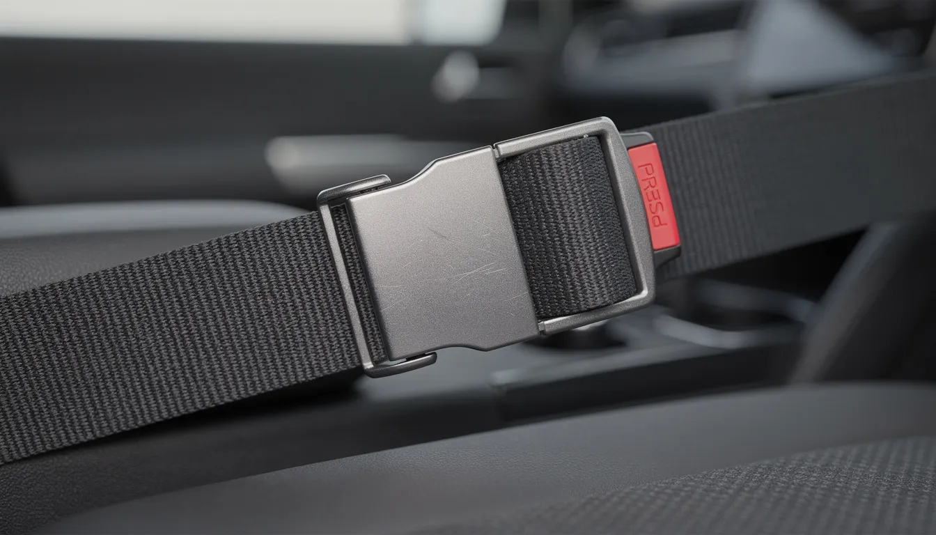 The image features a close-up view of a car seat belt buckle and webbing within a modern vehicle interior, showcasing the latch mechanism and fabric webbing that ensure passenger safety. This detailed perspective highlights the importance of a properly functioning seat belt to prevent serious injury in the event of an accident.