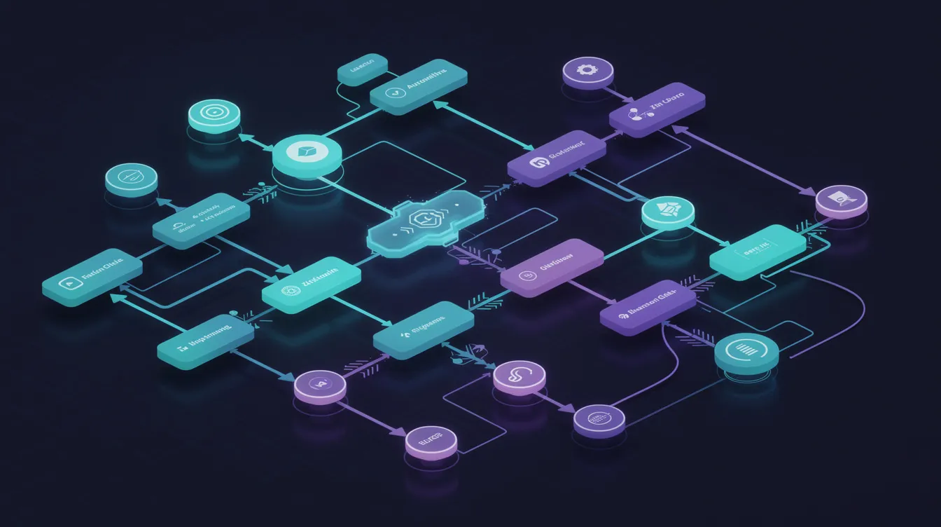 The image depicts a network graph illustrating multiple interconnected nodes that symbolize an automated workflow, showcasing key components such as input data, external knowledge, and the role of AI agents in enhancing LLM responses through retrieval augmented generation. This visual representation highlights the complexity of multi-agent systems and the relationships between various elements involved in creating efficient workflows.