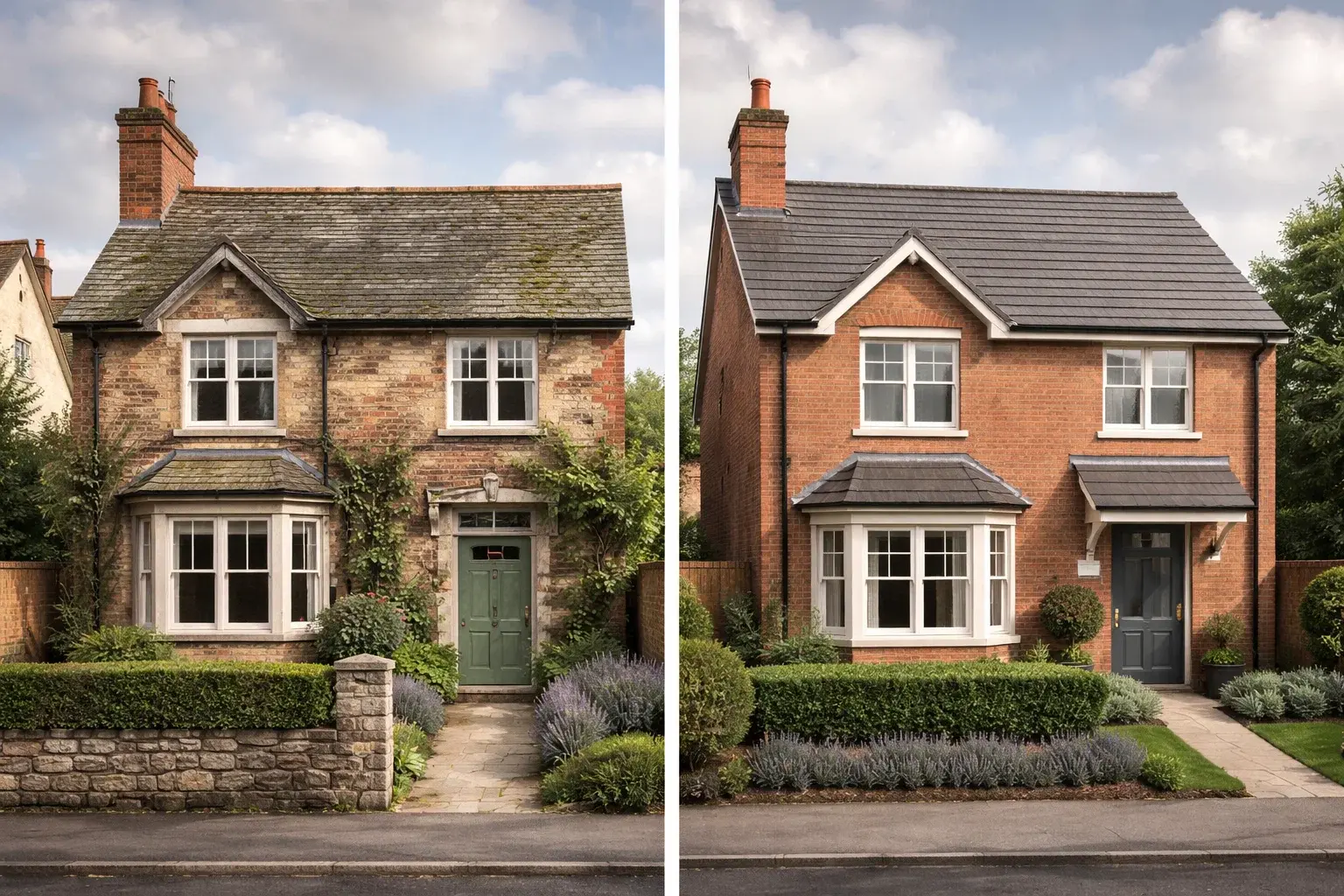 comparison of older slate roof and newer tiled roof on UK homes
