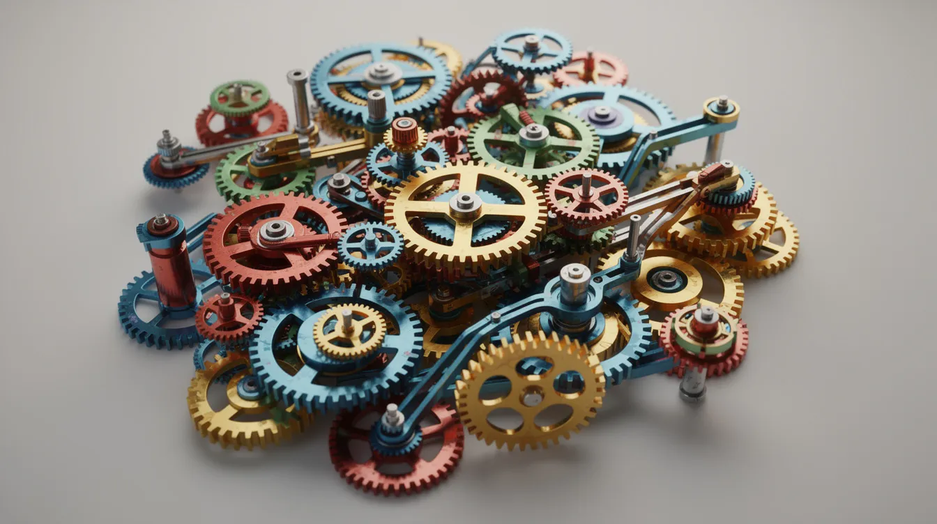 The image depicts a vibrant arrangement of interconnected gears and mechanical parts, symbolizing a unified system working in harmony. This visual metaphor reflects the collaborative nature of management consulting, where various components come together to optimize business performance and provide expert advice to clients.