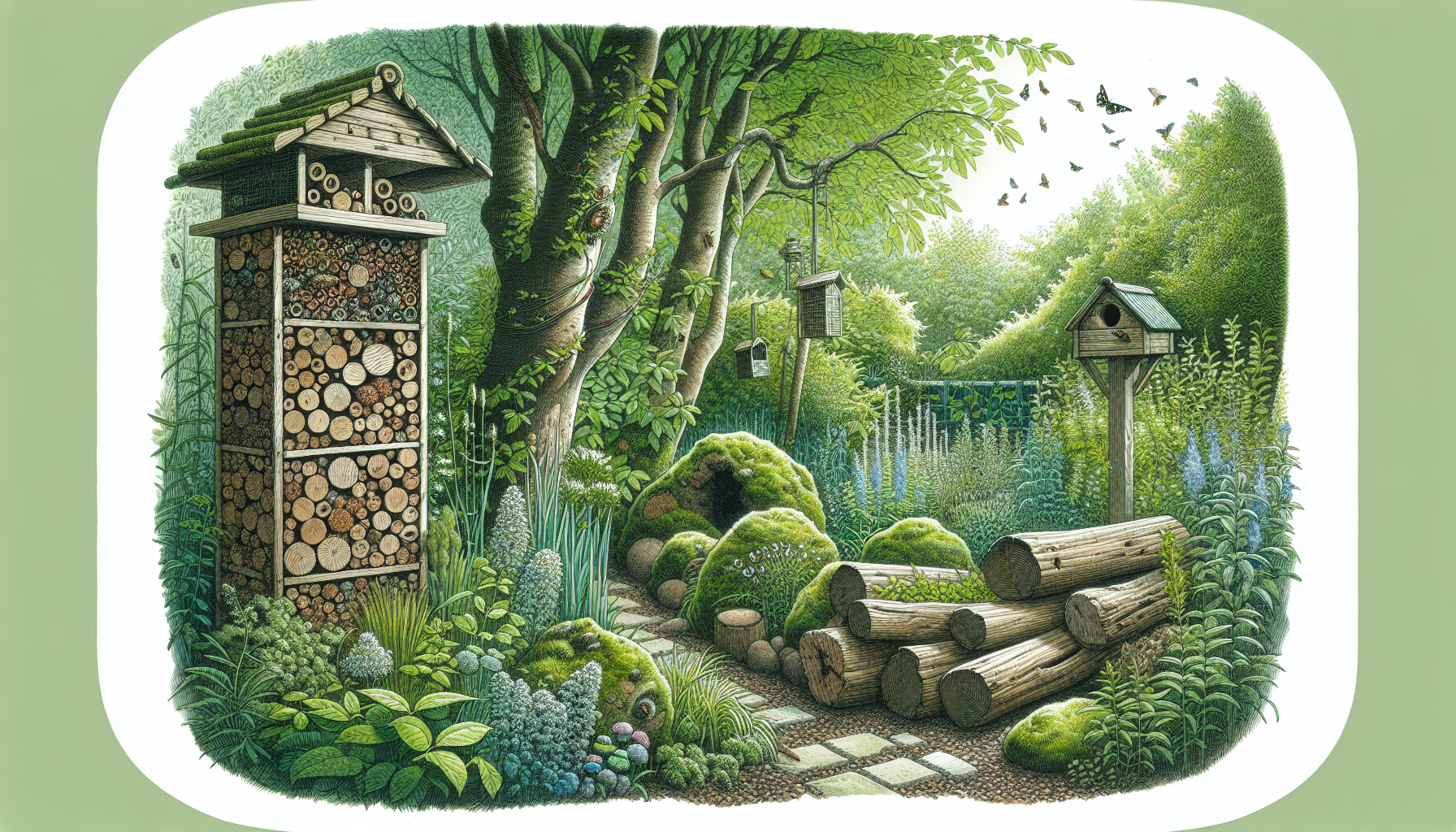Insect hotel and bird box in a rewilded garden