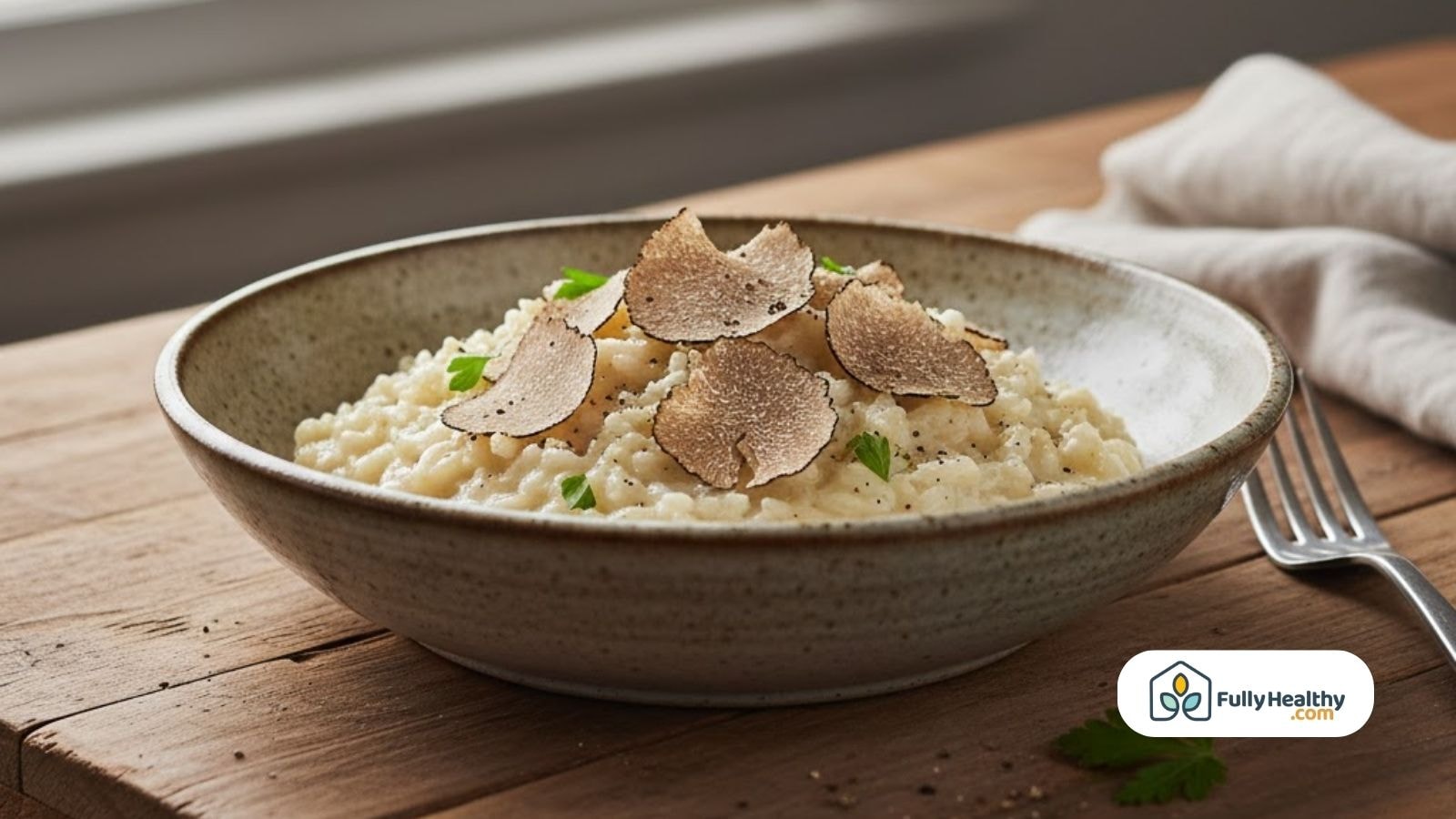 Bowl of creamy risotto topped with thin slices of fresh truffle served on a wooden table.