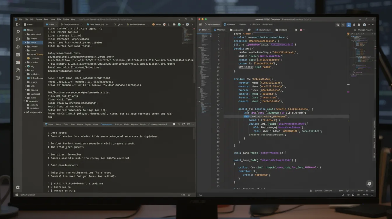The image features a split-screen layout, showcasing a terminal window on the left side, displaying terminal commands, and a vibrant code editor on the right, featuring colorful syntax highlighting typical of VS Code. This setup illustrates the contrast between traditional coding in a command-line interface and the visual editing capabilities of modern coding tools like Claude Code and Cursor.