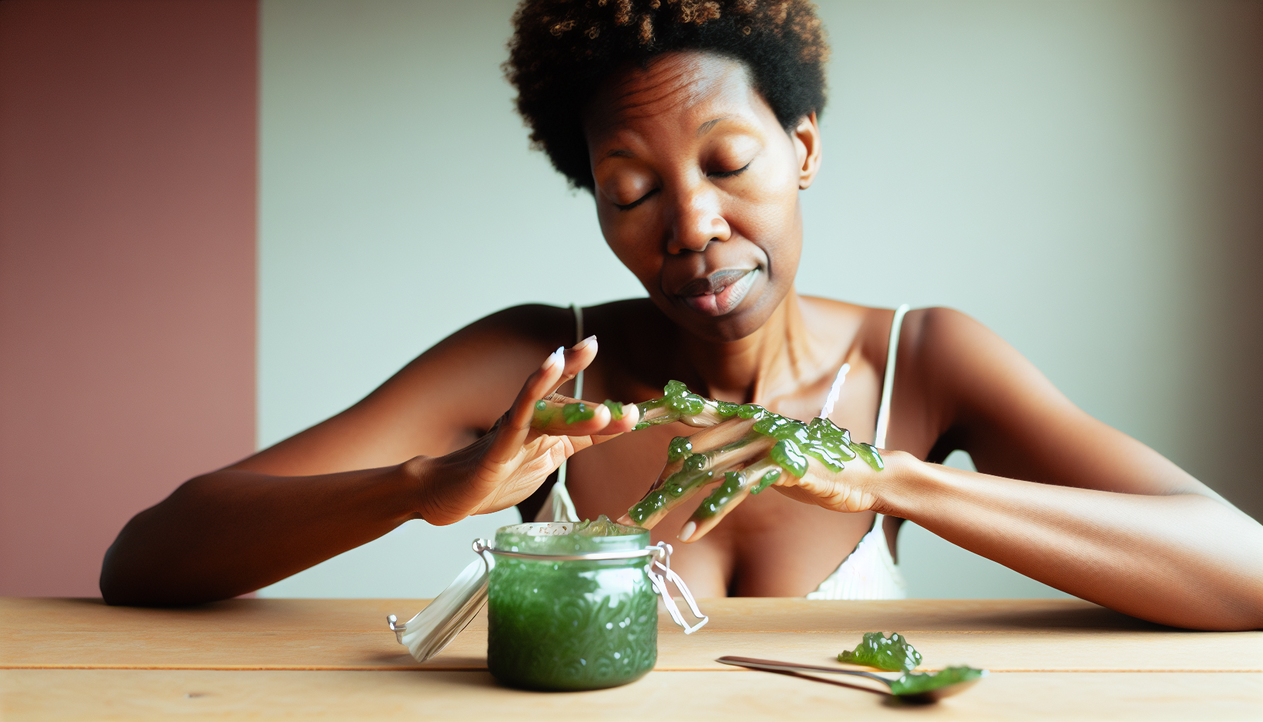 Woman applying sea moss gel as a face mask