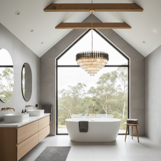 Modern spa bathroom with a crystal chandelier on a vaulted ceiling, exposed wooden beams, and a freestanding tub for bathroom ceiling lighting.