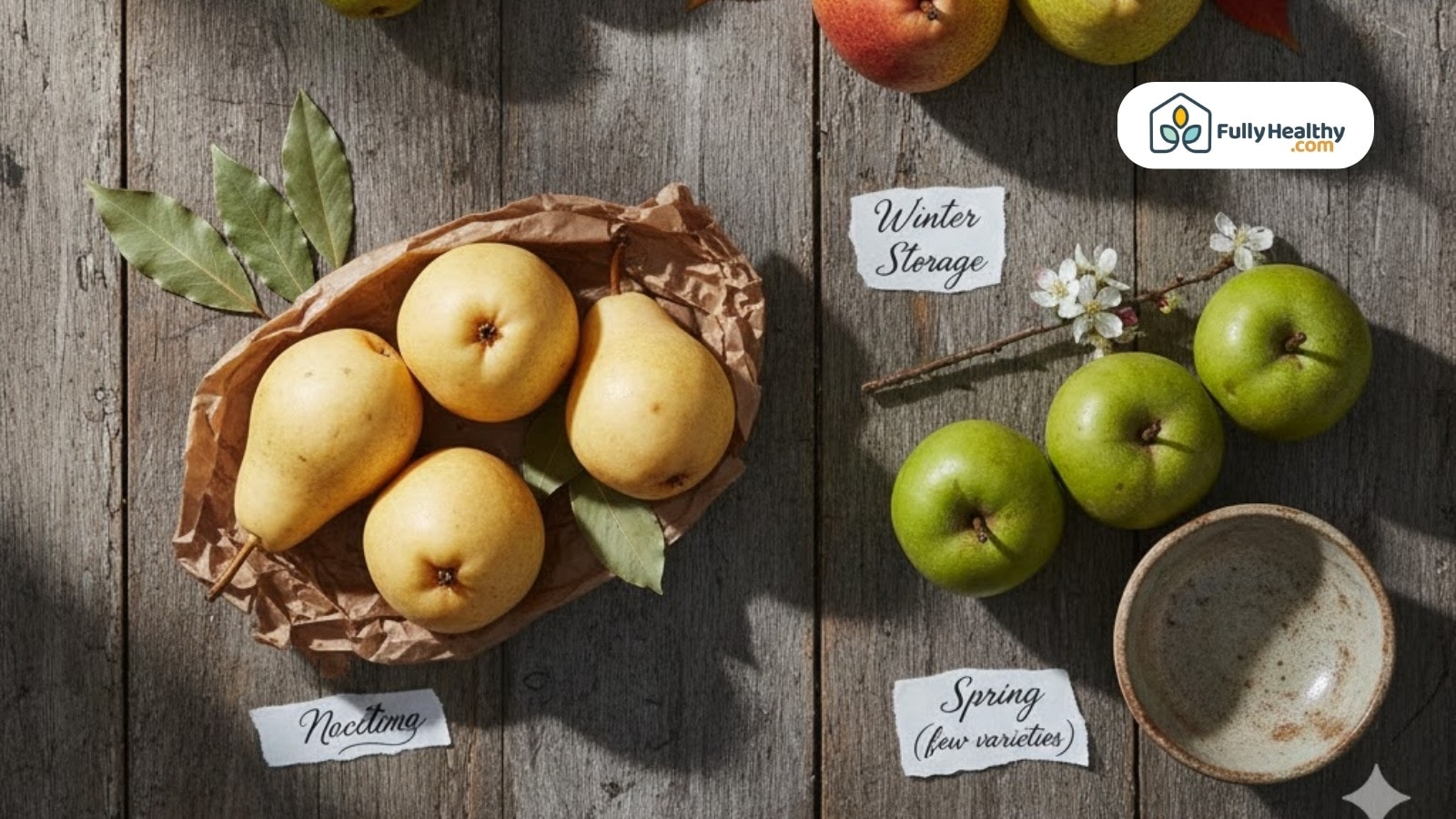 Flat lay showing pear varieties for winter storage and spring seasons