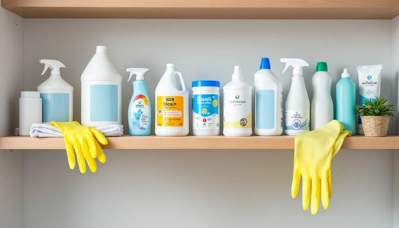 An organized display of cleaning supplies and disinfectants is shown, intended for preventing mange in dogs, including products for treating sarcoptic mange and demodectic mange. The image emphasizes the importance of maintaining skin health in dogs to avoid severe itching and skin infections caused by microscopic mites.