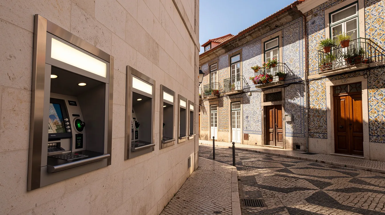The image shows a row of ATM machines situated along a Portuguese street, with traditional tile buildings in the background. These ATMs provide essential banking services such as withdrawing money and checking bank account balances, reflecting the accessibility of the Portuguese banking system.
