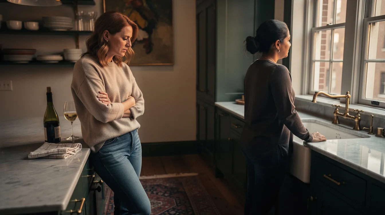 The photograph captures an emotionally charged moment between an attractive lesbian couple in their mid-30s, set in the sophisticated kitchen of a Cobble Hill brownstone during the golden hour. One woman, dressed in a soft oatmeal cashmere sweater, leans against the marble counter with a closed expression, while the other, in a navy linen button-down, faces the window, highlighting the visible tension and emotional distance between them, reflecting the complexities often addressed in emotionally focused couples therapy.