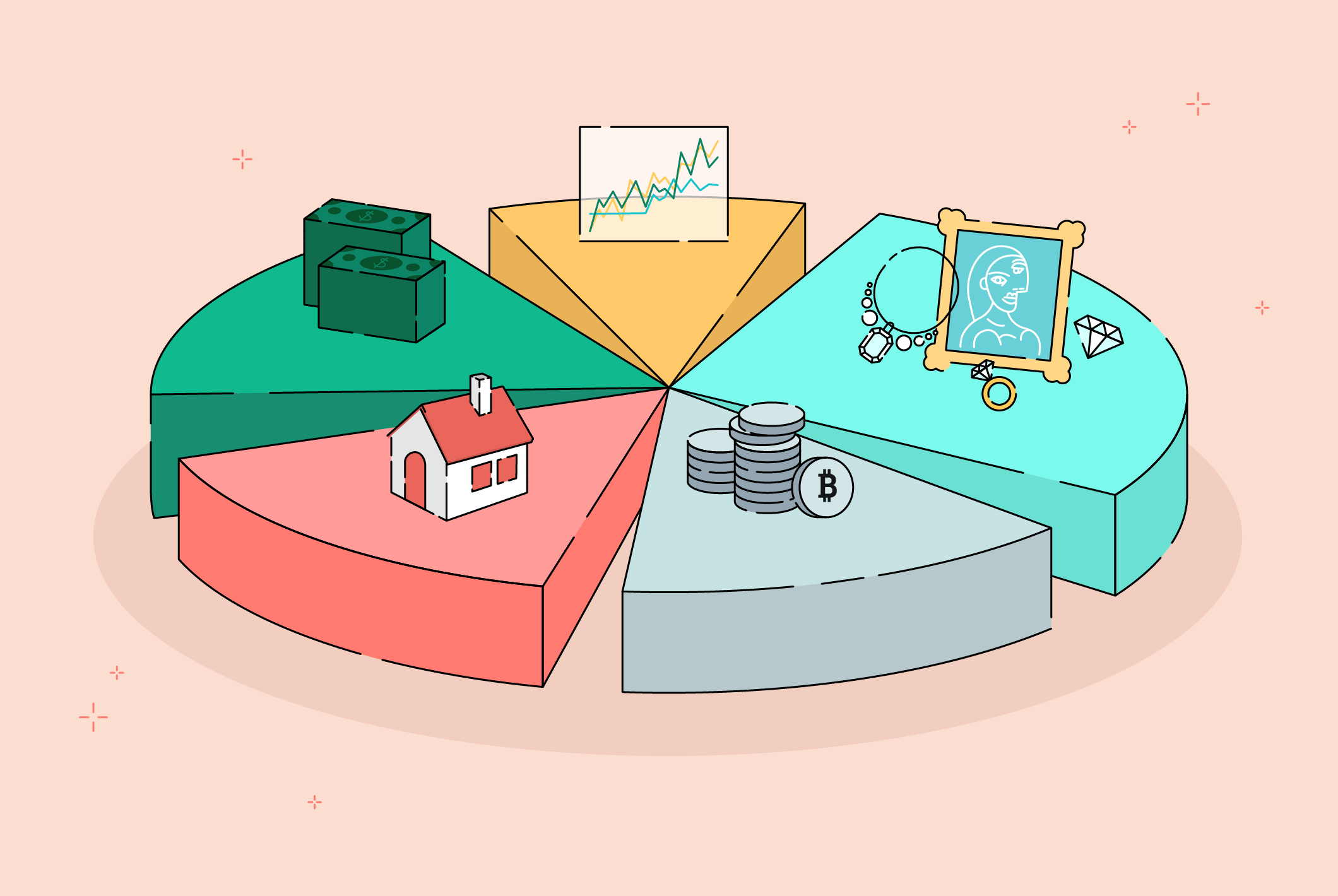 An illustration showing various assets to understand portfolio diversification.