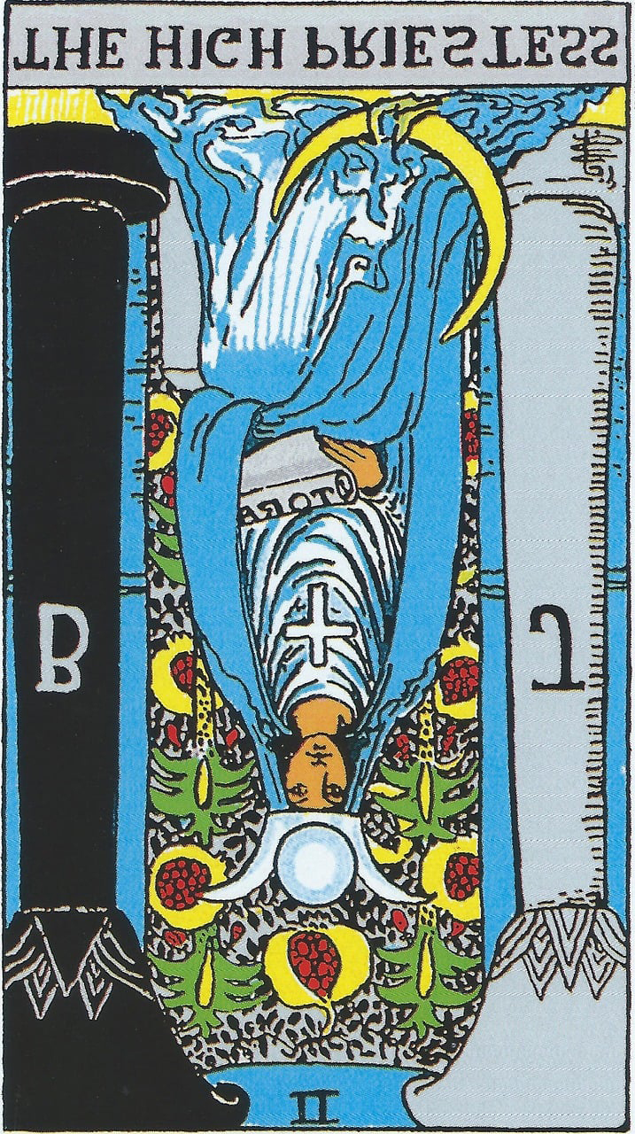 Illustration of tarot card reversal, the high priestess