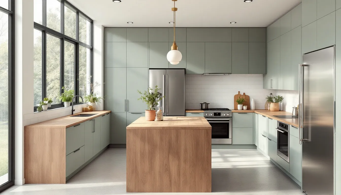 In a modern kitchen, Clary Sage cabinets in a muted green tone are illuminated by warm natural light streaming through large windows, creating a bright and inviting atmosphere. The soft color palette enhances the space, making it feel open and airy.