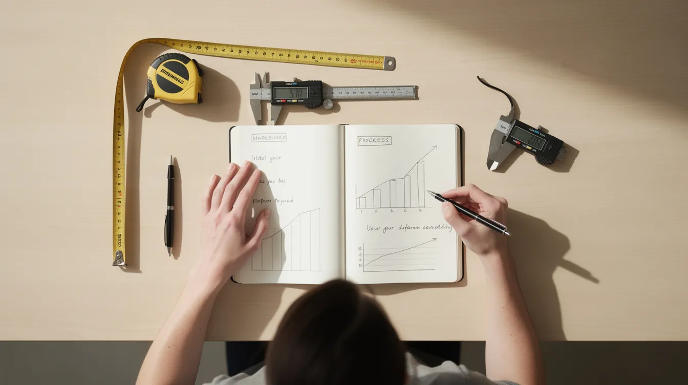 The image shows a person carefully examining various measurement tools alongside an open notebook on a clean wooden table, symbolizing the importance of tracking progress in enhancing penis size and improving one's sex life. The scene reflects a methodical approach to using devices like penis extenders and penis pumps for effective results.