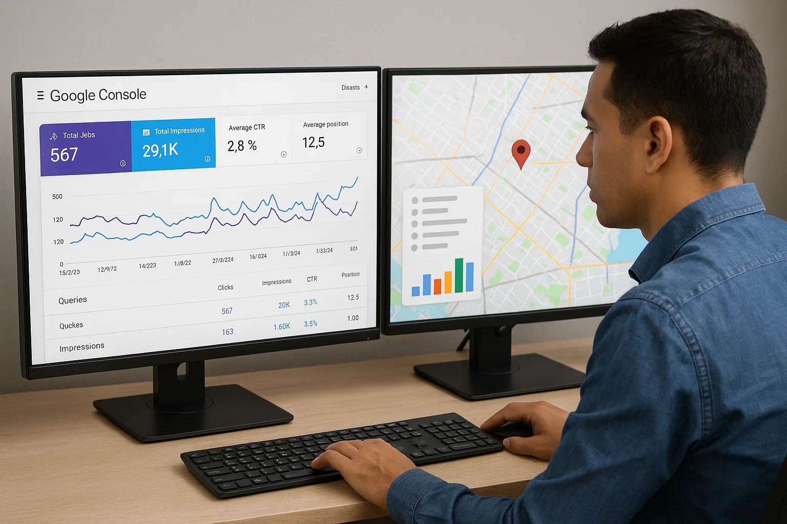 Marketer using Google Search Console to analyse local SEO performance data.