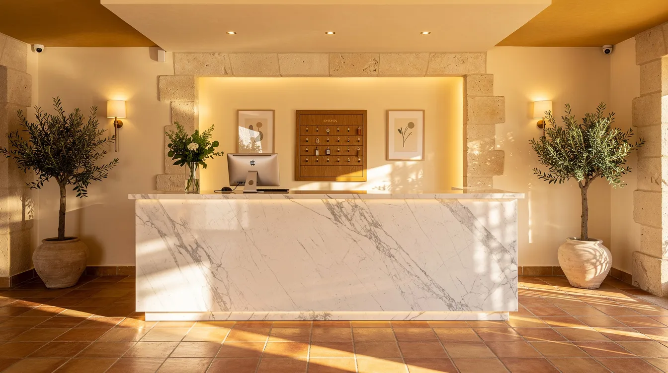 The image depicts a Mediterranean hotel reception desk featuring a sleek marble counter illuminated by warm lighting, creating an inviting atmosphere for guests checking in. This elegant space reflects the charm of a five-star hotel, where visitors can inquire about accommodation fees, including the new tourist tax in Greece that applies to their stay.
