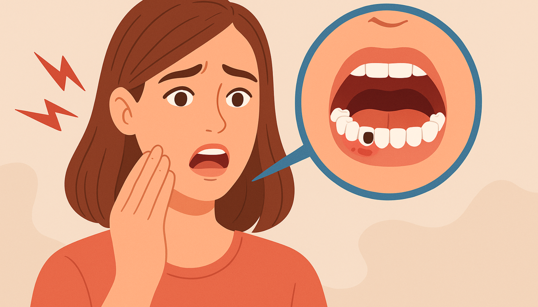 Tannsykdom tegnene du må oppdage før det er for sent 10 Illustrasjon av kvinne med tannverk som peker mot tann med hull og betennelse i forstørret visning.