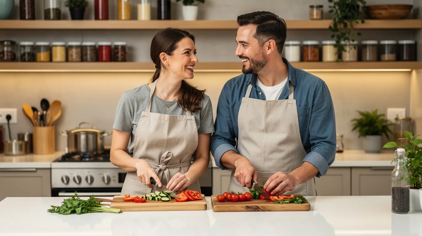 A couple is joyfully cooking together in their kitchen, showcasing a healthy relationship through shared activities and quality time. Their laughter and cooperation reflect emotional connection and mutual respect, creating a warm and fulfilling atmosphere.