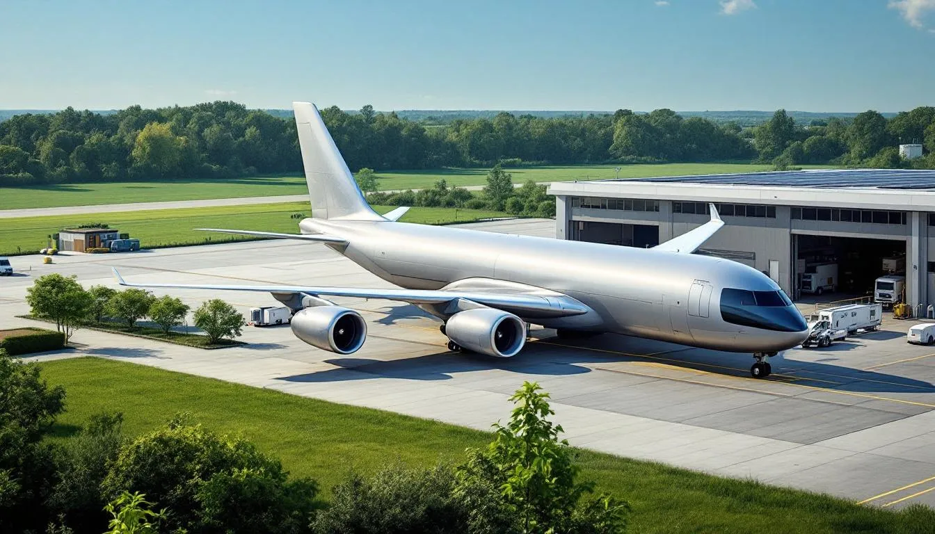 The image depicts a modern cargo aircraft equipped with fuel-efficient engines, stationed at an environmentally-conscious air freight facility. This setting highlights the advancements in the logistics industry, particularly in air freight shipping, emphasizing sustainability and efficiency in the shipping process.