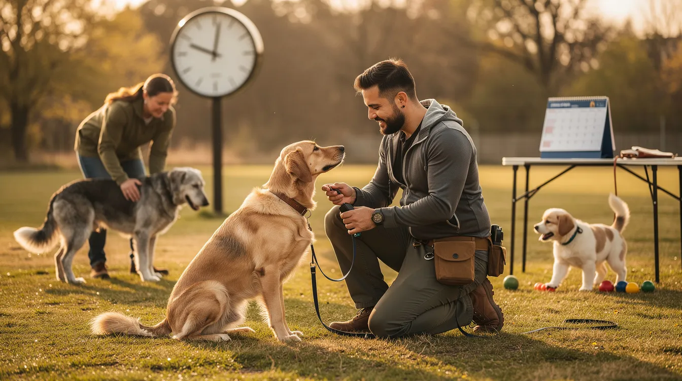 The image depicts a young dog engaged in a basic obedience training session with a professional dog trainer in a park setting. The scene illustrates the importance of consistent practice and the various factors, such as the dog's age and training methods, that influence the duration of dog training.