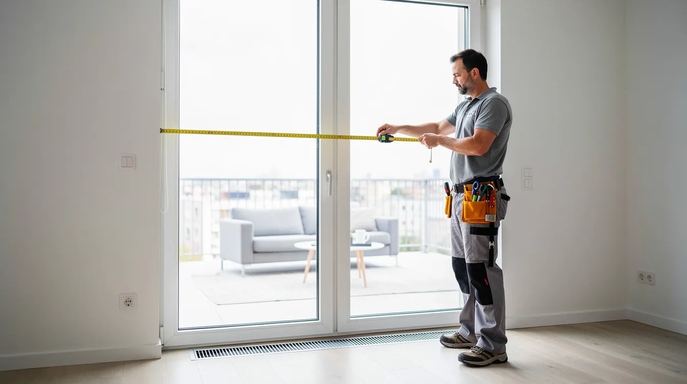 Un expert mesure une fenêtre dans un appartement lumineux situé en région de Bruxelles-Capitale, en vue d'évaluer la performance énergétique du bâtiment. Cette démarche est essentielle pour obtenir un certificat de performance énergétique (PEB) et garantir la conformité aux réglementations en matière de consommation énergétique.