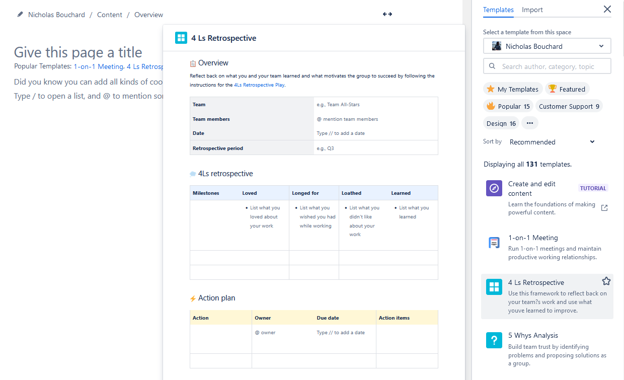 A screenshot of a previewed template in Confluence.